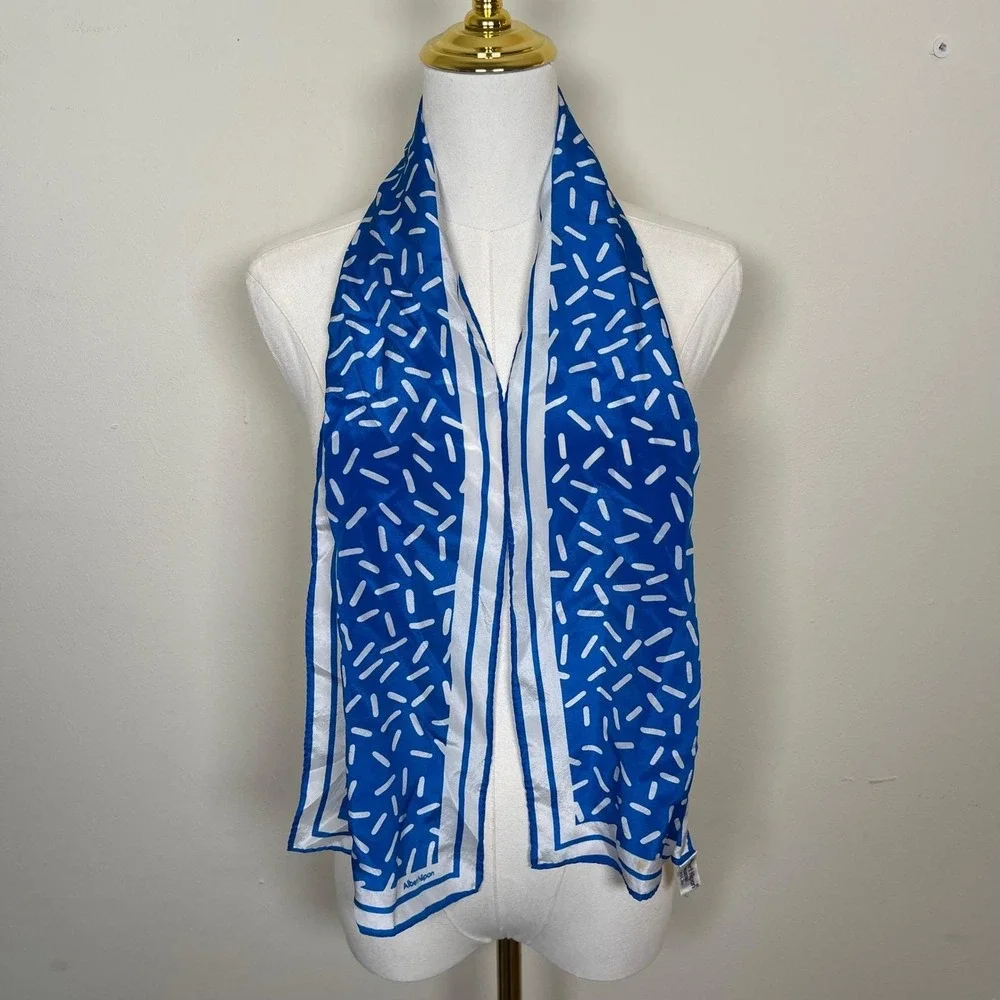Vintage Albert Nipon Silk Scarf Women Blue White Geometric Dotted Print 80s